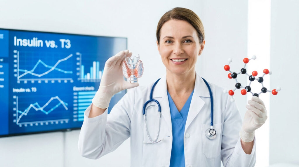A smiling female doctor holds a thyroid model and a molecular structure in a bright medical setting.