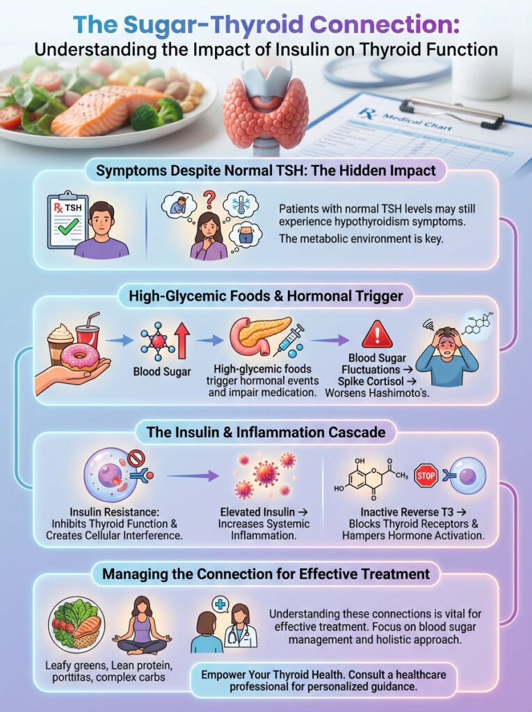 Infographic illustrating the sugar-thyroid connection, highlighting symptoms, foods, insulin effects, and treatment strategies.