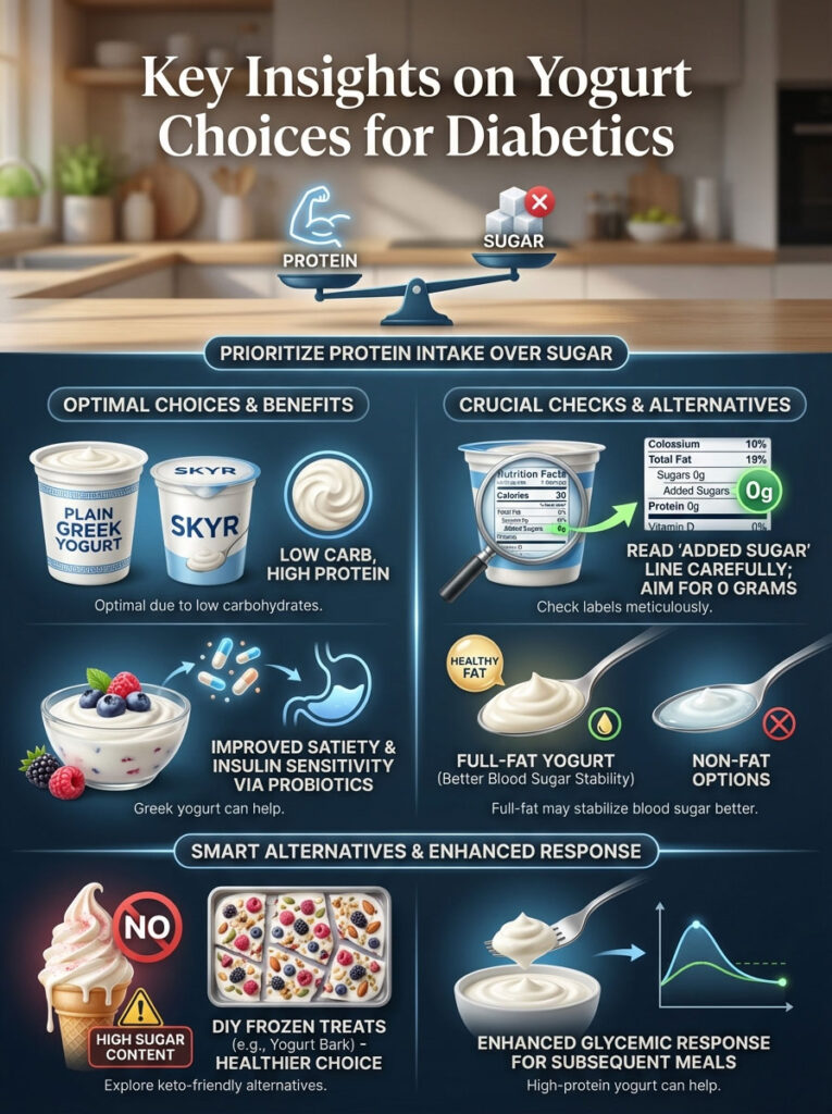 Infographic detailing yogurt choices for diabetics, highlighting protein over sugar with charts and icons.