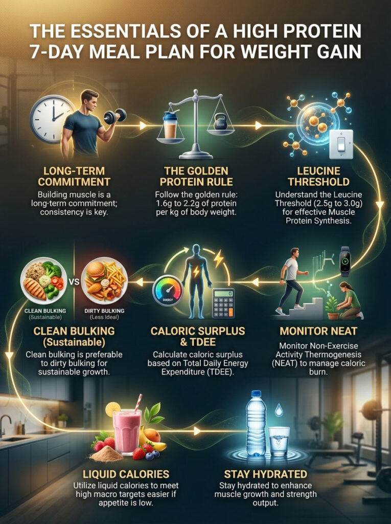 Infographic detailing a 7-day high protein meal plan for weight gain, featuring key concepts and illustrations.