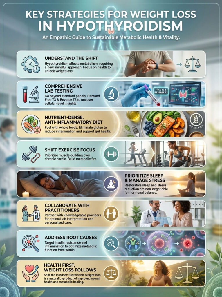 Infographic detailing key strategies for weight loss in hypothyroidism, featuring text, icons, and illustrations.