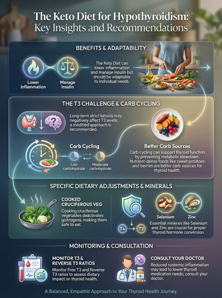 Infographic on the Keto Diet for Hypothyroidism, detailing benefits, carb cycling, and dietary adjustments.