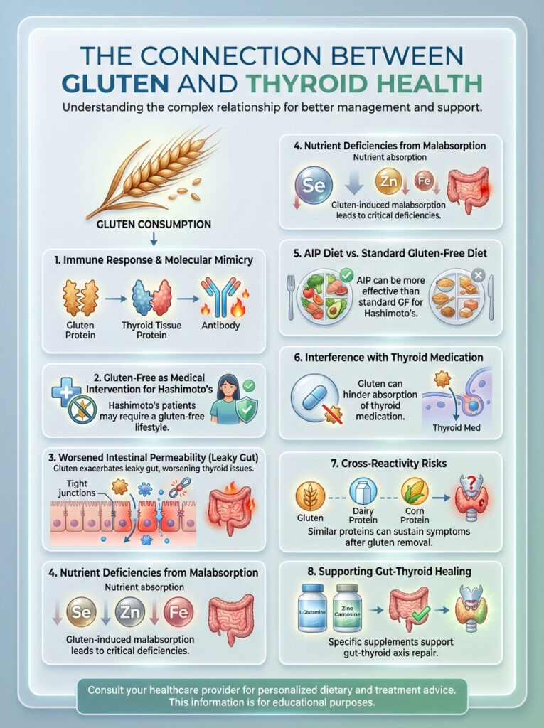 Infographic showing the connection between gluten and thyroid health with eight key points and illustrations.