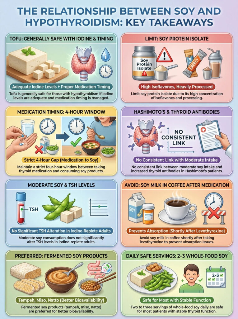 Infographic detailing the relationship between soy and hypothyroidism, including key takeaways and dietary recommendations.