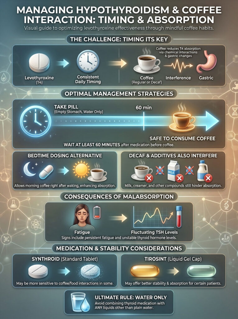 Infographic explaining levothyroxine timing, coffee interactions, and management strategies for hypothyroidism.