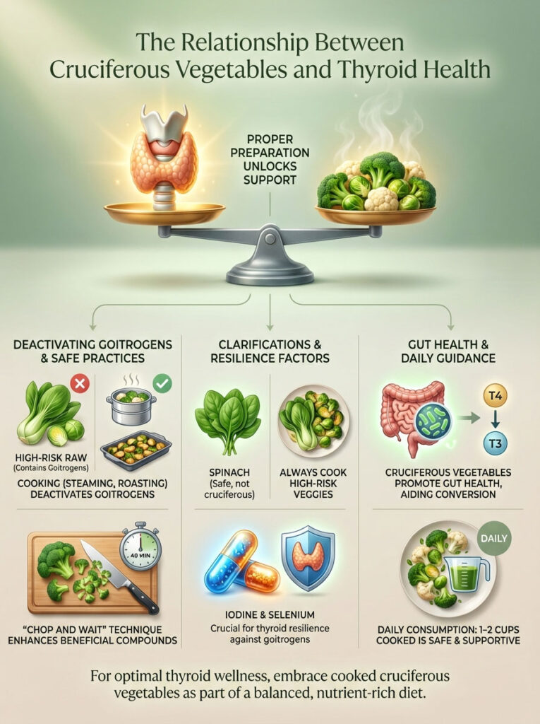 Infographic showing the relationship between cruciferous vegetables and thyroid health with charts and icons.