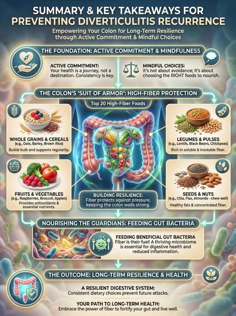 Infographic showing key takeaways for preventing diverticulitis, highlighting high-fiber foods and gut health.