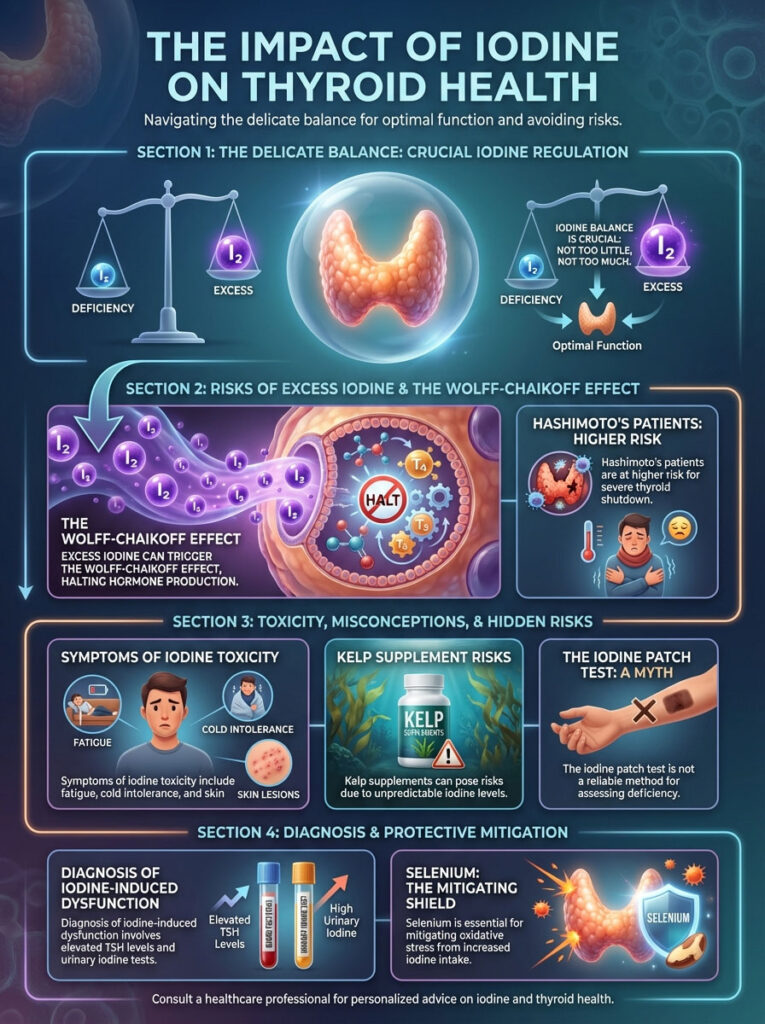 Infographic illustrating the impact of iodine on thyroid health, detailing balance, risks, symptoms, and diagnosis.