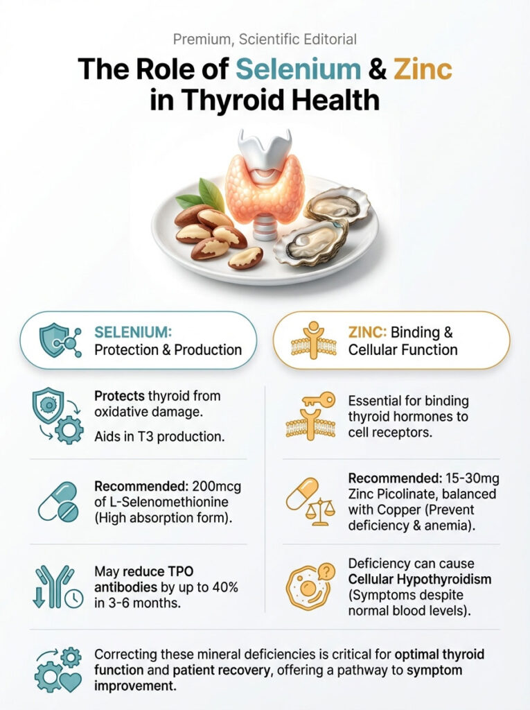 Infographic illustrating the role of Selenium and Zinc in thyroid health, featuring a thyroid gland and relevant data points.