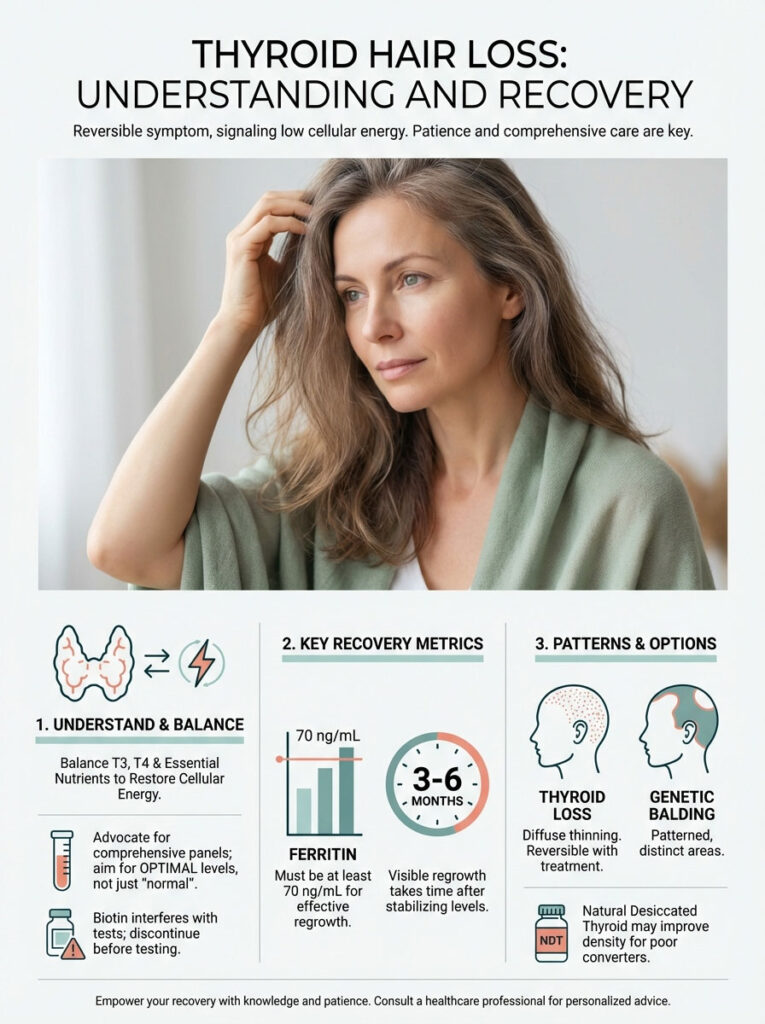 Infographic on thyroid hair loss featuring a woman, recovery metrics, and treatment options with icons and text.