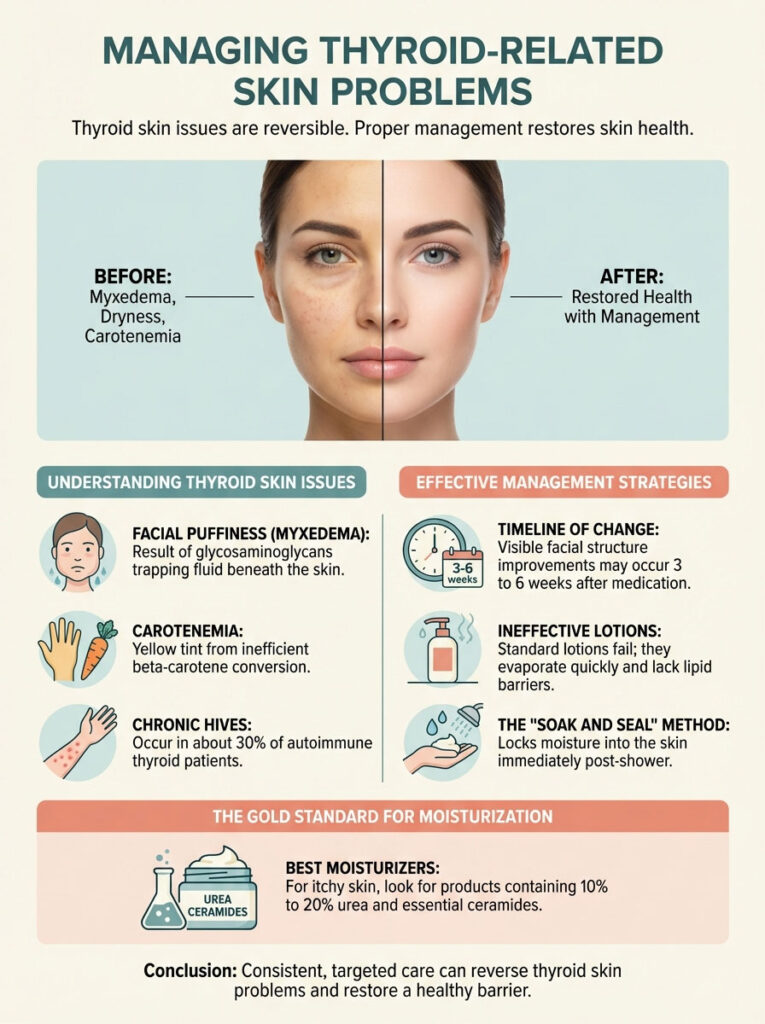 Infographic showing before and after images of skin health, thyroid skin issues, and management strategies.