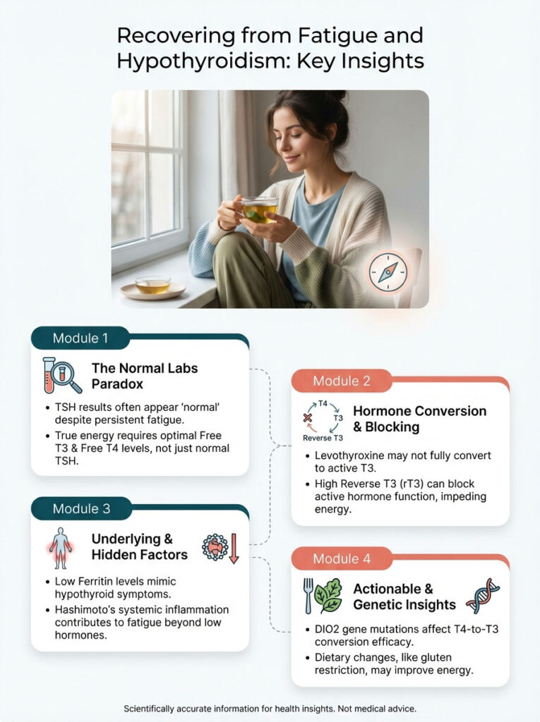 Woman sipping tea by a window, with modules on hypothyroidism recovery insights and key data points. Infographic.