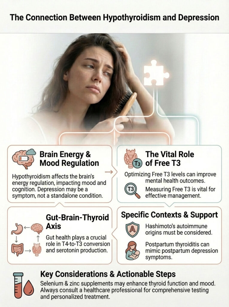 Infographic showing the link between hypothyroidism and depression with sections on brain energy, T3, and gut health.