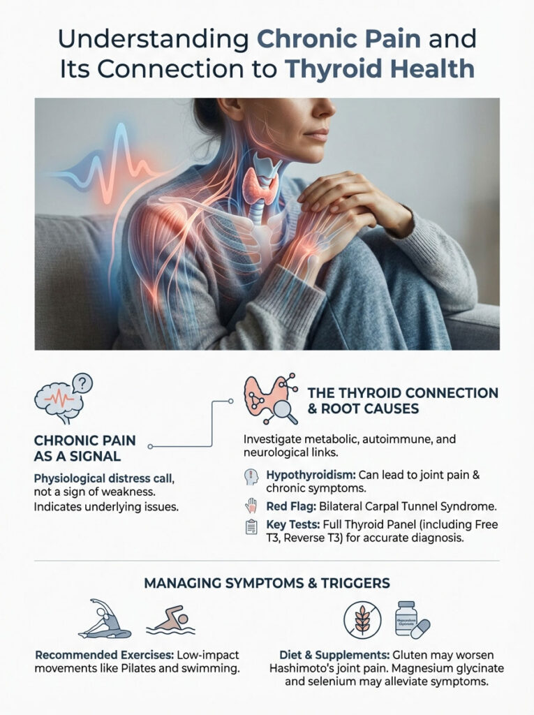 Infographic explaining chronic pain and its connection to thyroid health, featuring text and illustrations of the thyroid gland.