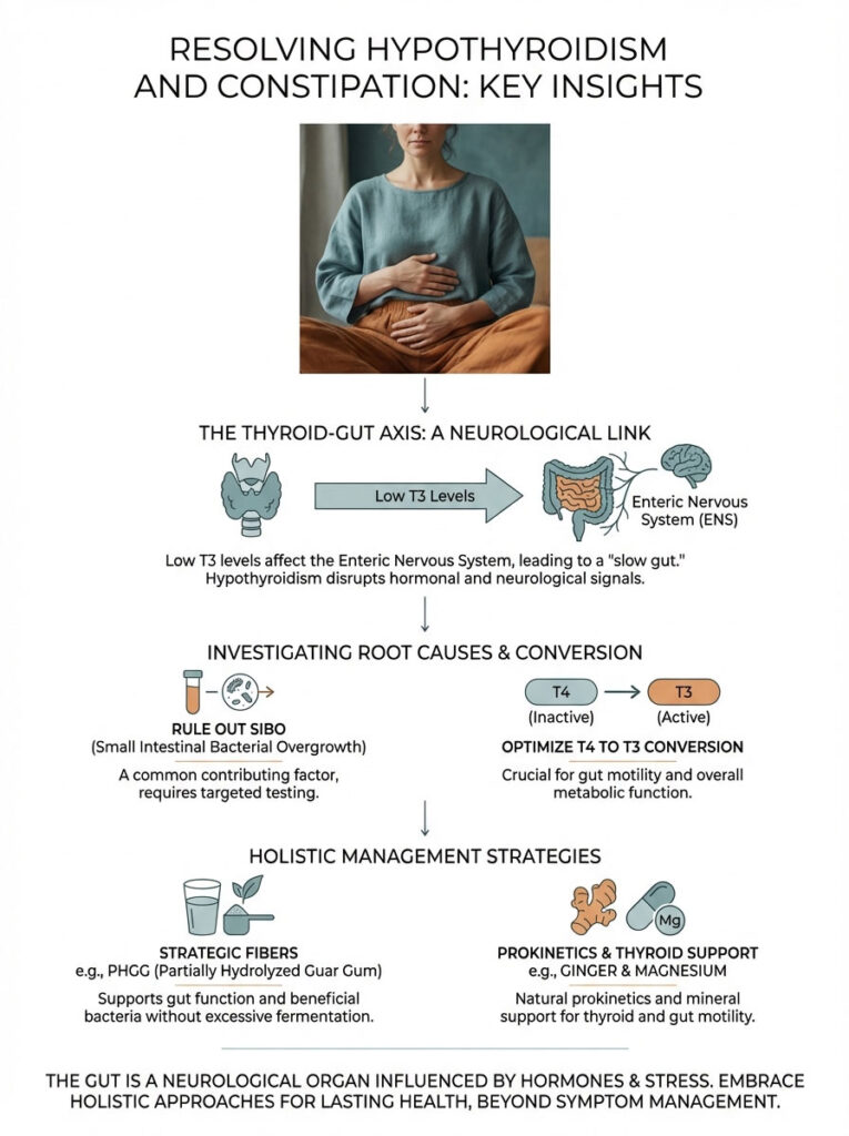 Infographic showing the thyroid-gut axis, low T3 levels, and holistic management strategies for hypothyroidism and constipation.