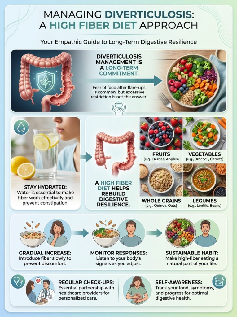 Infographic on managing diverticulosis with a high fiber diet, featuring hydration tips, food categories, and health advice.