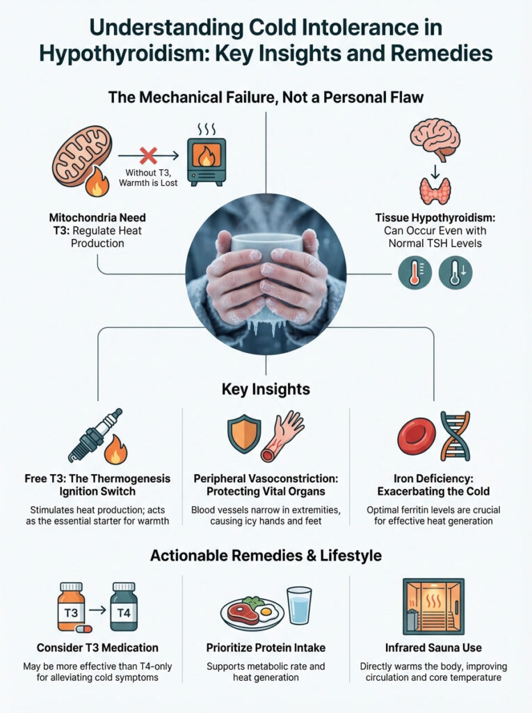 Infographic explaining cold intolerance in hypothyroidism with key insights and remedies, featuring charts and illustrations.