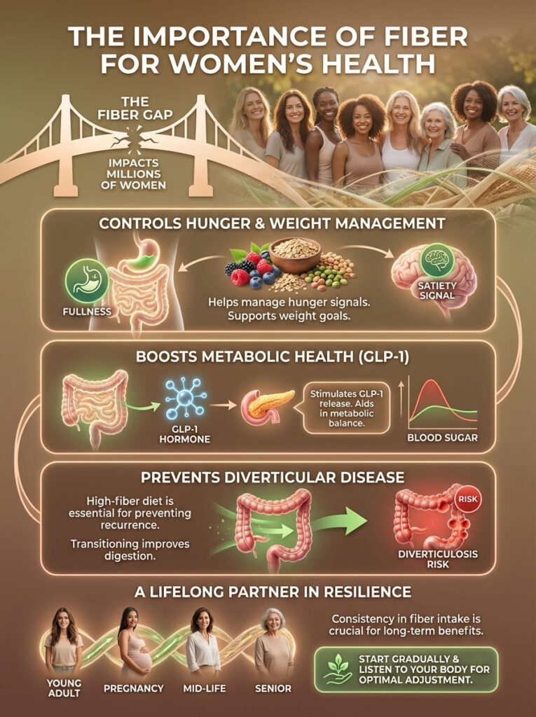 Infographic showing the importance of fiber for women's health, highlighting benefits like weight management and metabolic health.