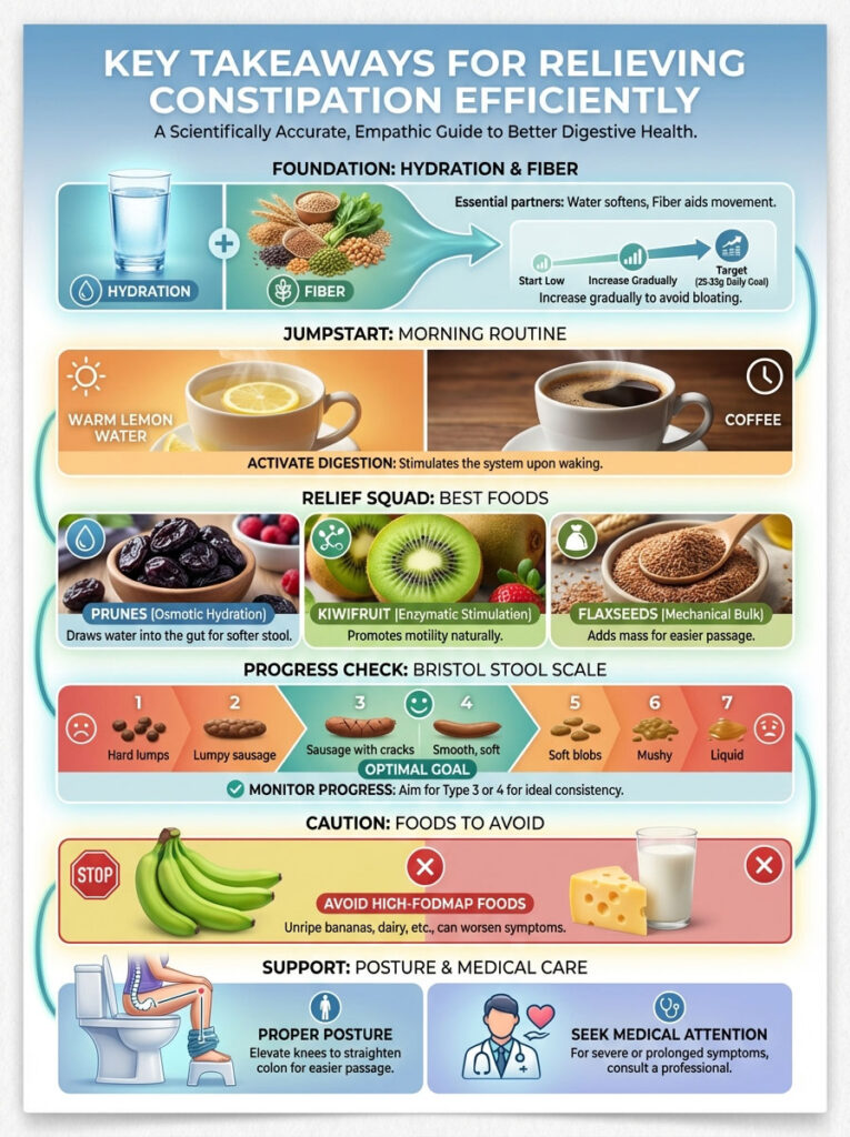 Infographic on relieving constipation with hydration, fiber, foods, and posture tips for better digestive health.