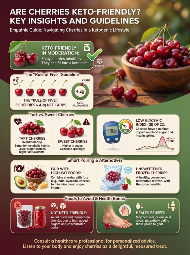 Infographic on cherries' keto-friendliness, featuring guidelines, charts, and health benefits of tart and sweet cherries.