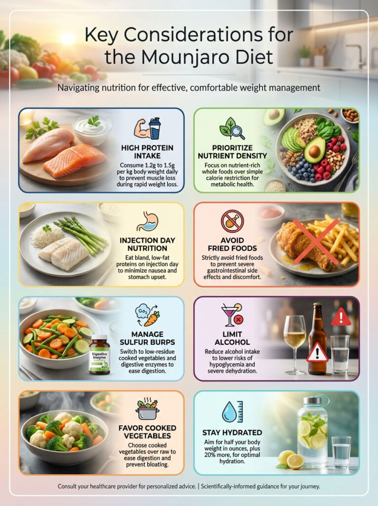 Infographic detailing key considerations for the Mounjaro diet, including nutrition tips and guidelines.