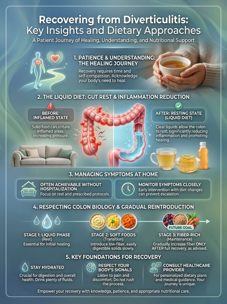 Infographic on recovering from diverticulitis, showing healing journey, dietary phases, and key insights.