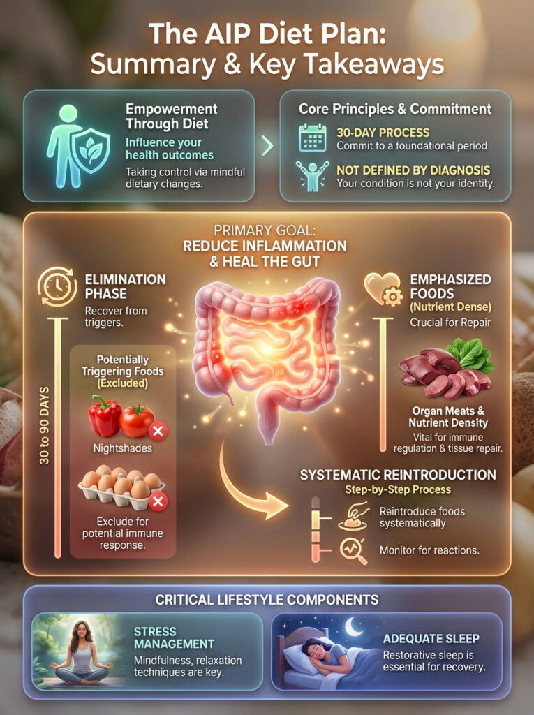 Infographic detailing the AIP diet plan with sections on empowerment, elimination phase, and lifestyle components.