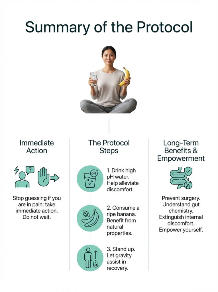 Woman holding a glass of water and a banana, summarizing protocol steps and benefits for health recovery. Infographic.