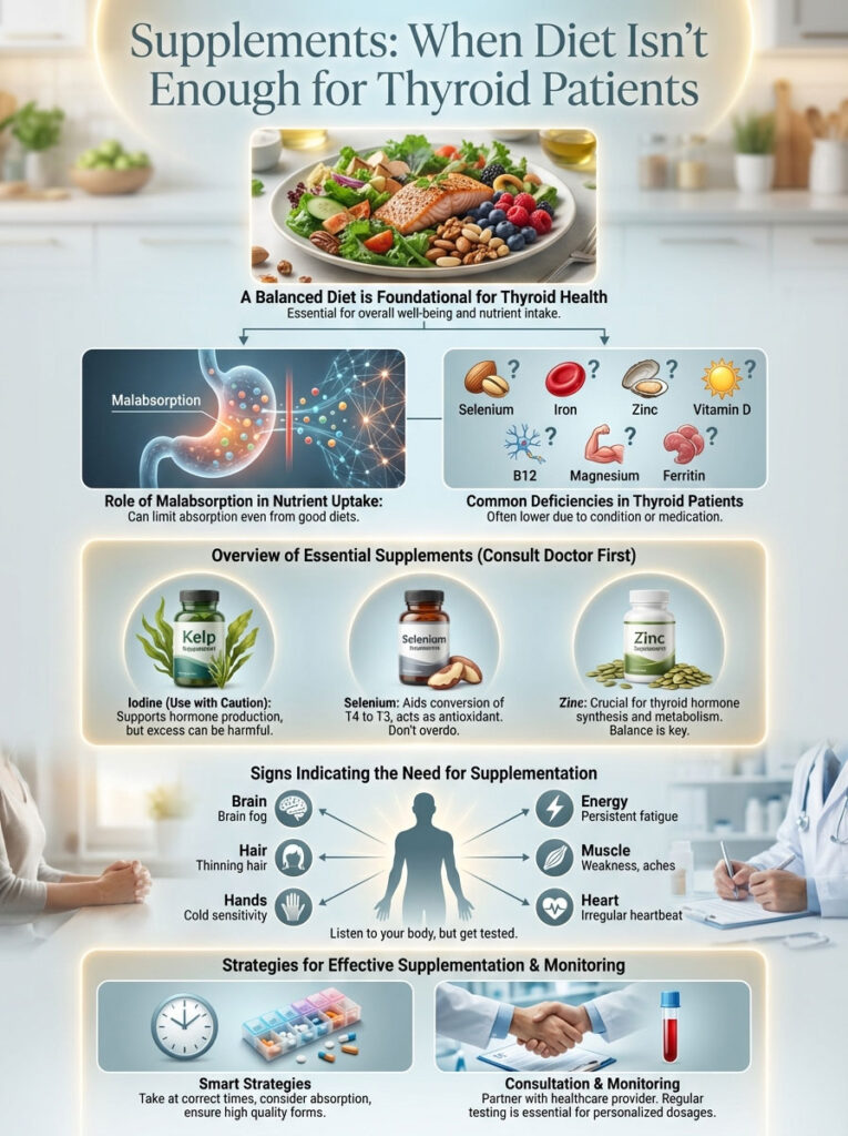 Infographic detailing thyroid health, malabsorption, essential supplements, and signs for supplementation needs.