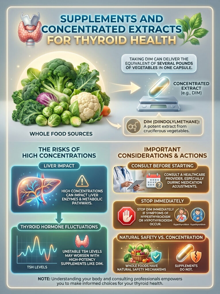 Infographic showing supplements for thyroid health, including vegetables, DIM, and health risks like liver impact.