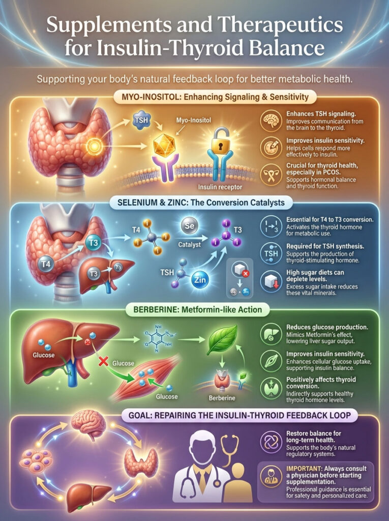 Infographic showing supplements for insulin-thyroid balance, featuring myo-inositol, selenium, zinc, and berberine actions.