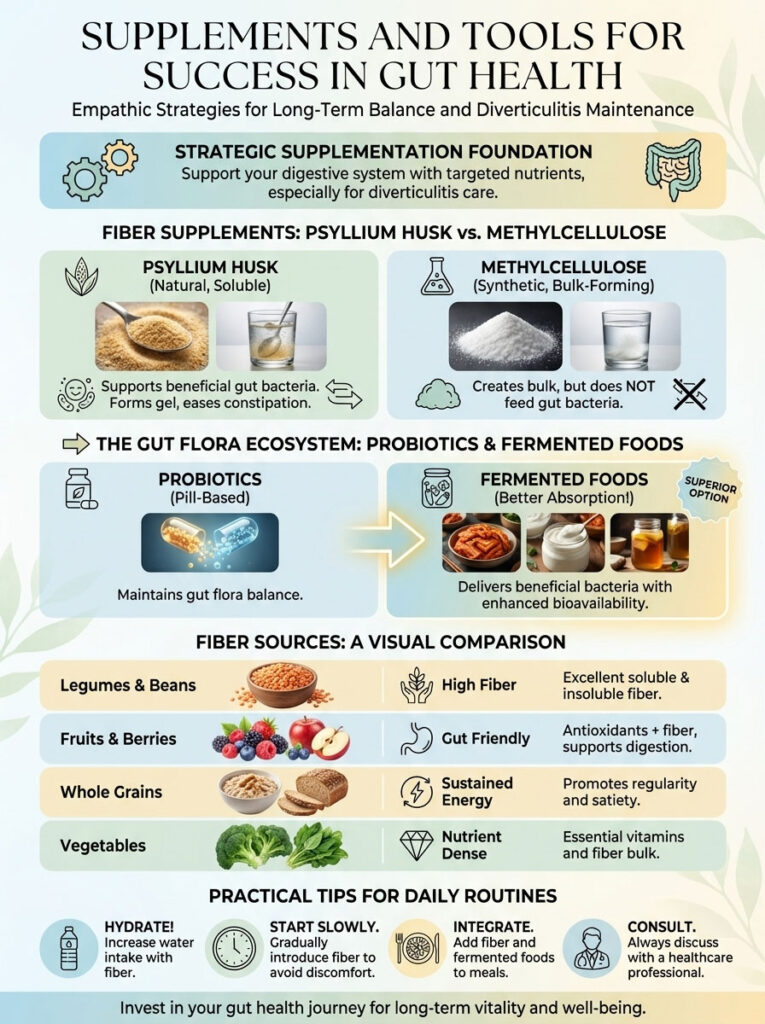 Infographic on gut health with fiber supplements, probiotics, and practical tips for daily routines.