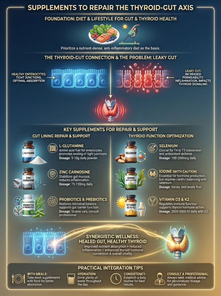 Infographic showing supplements for thyroid-gut health, featuring charts, icons, and key data points on nutrients and dosages.