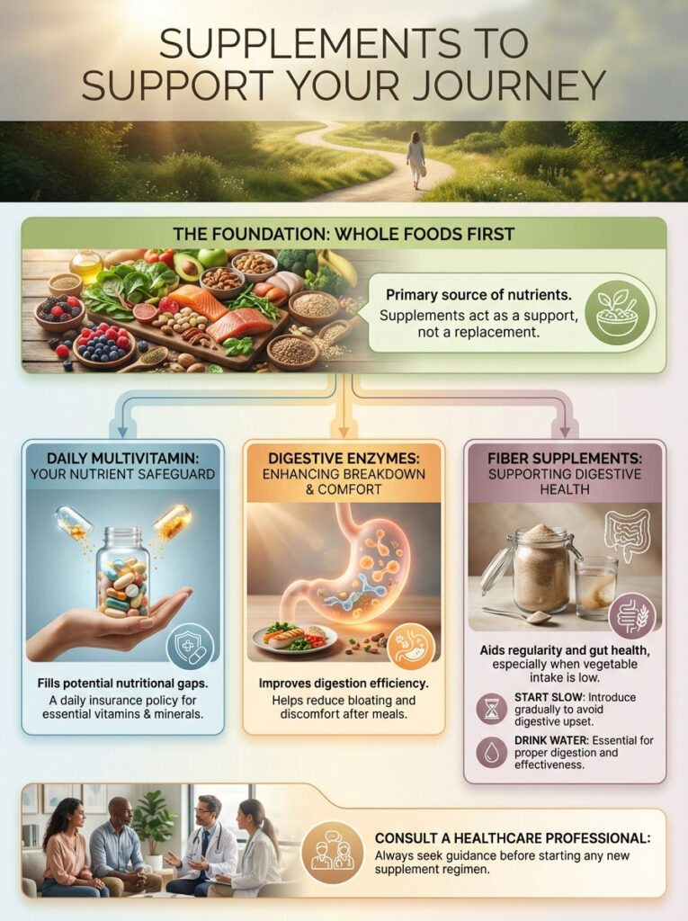 Infographic showing supplements for health, including whole foods, multivitamins, enzymes, and fiber.
