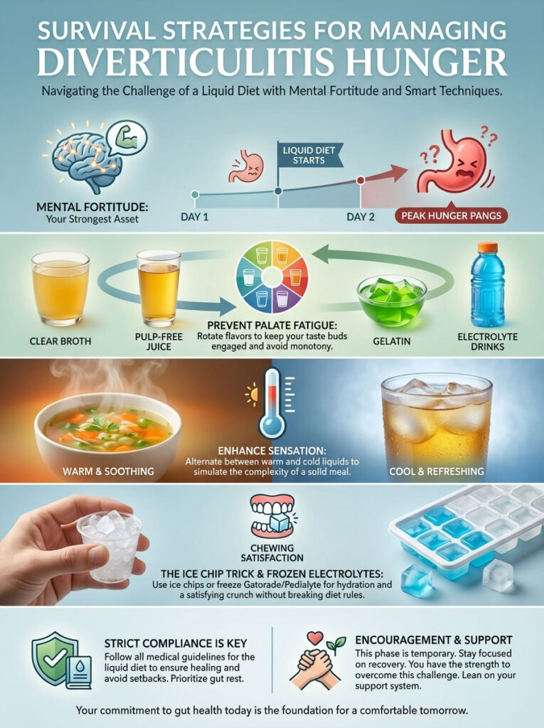 Infographic showing survival strategies for managing diverticulitis hunger with tips on liquid diet techniques.