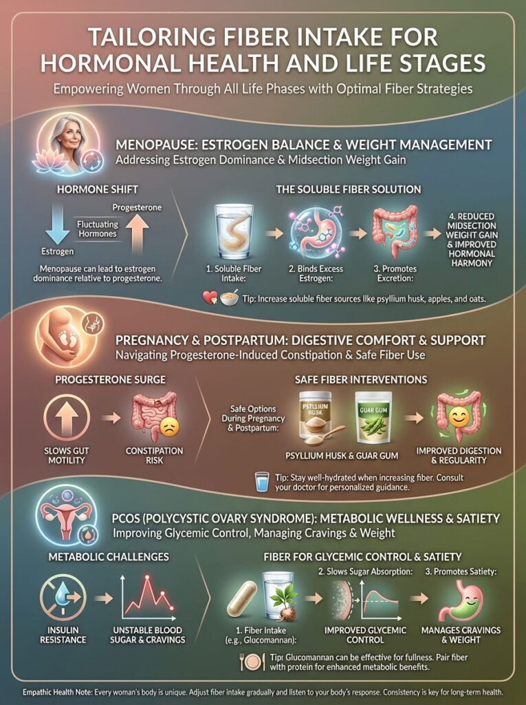 Infographic on fiber intake for women's hormonal health, featuring charts on menopause, pregnancy, and PCOS strategies.