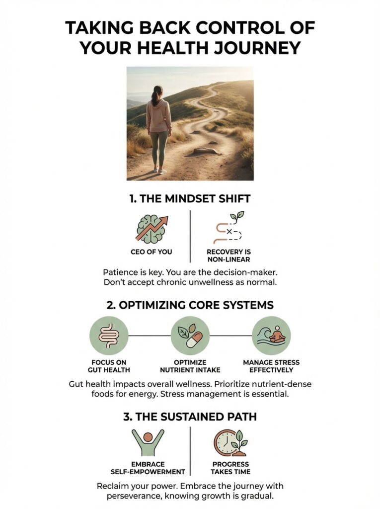 Infographic on health journey with mindset shift, core systems, and self-empowerment tips.