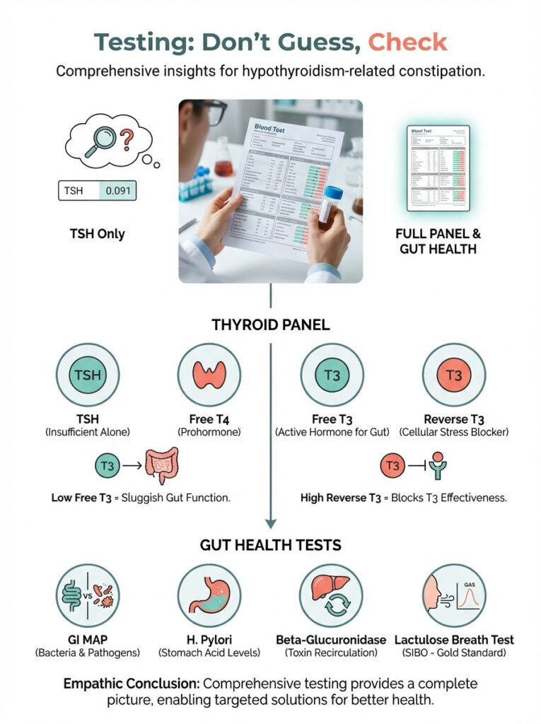 Infographic detailing thyroid and gut health tests for hypothyroidism-related constipation, including charts and icons.