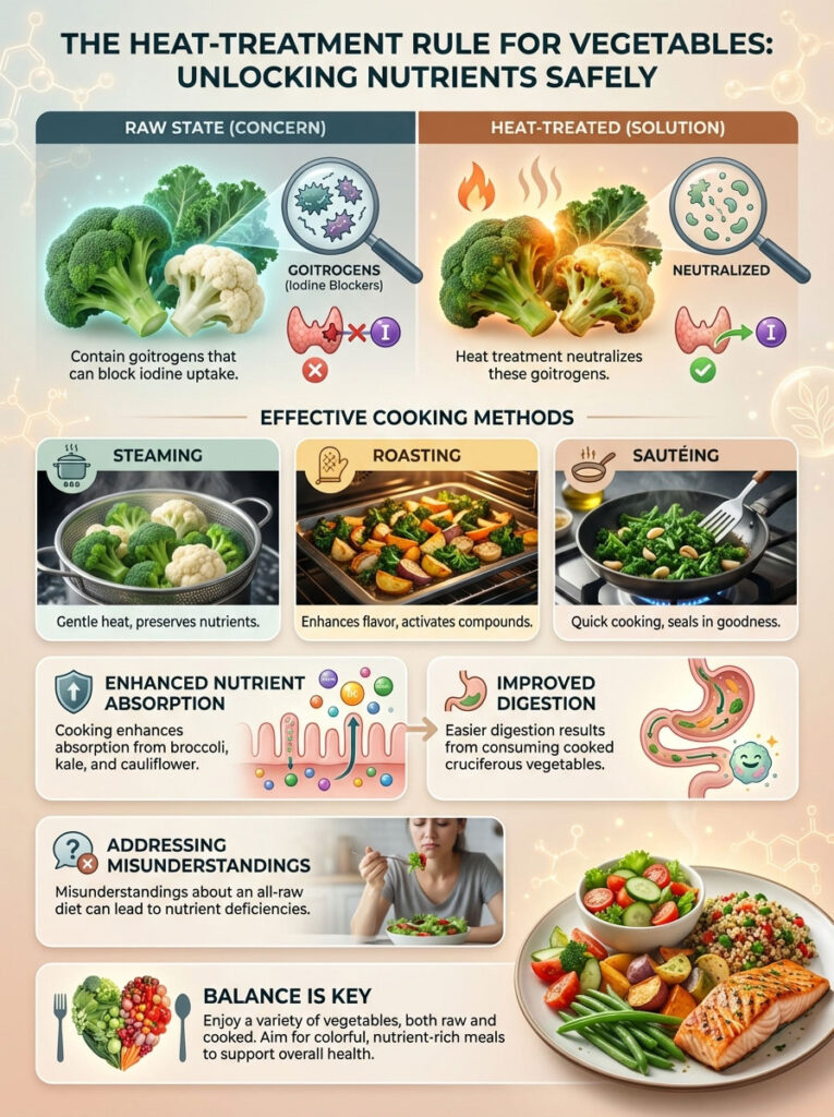 Infographic showing heat treatment rule for vegetables, highlighting cooking methods and nutrient benefits.