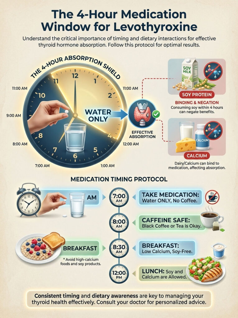 Infographic showing the 4-hour medication window for Levothyroxine with timing and dietary guidelines.