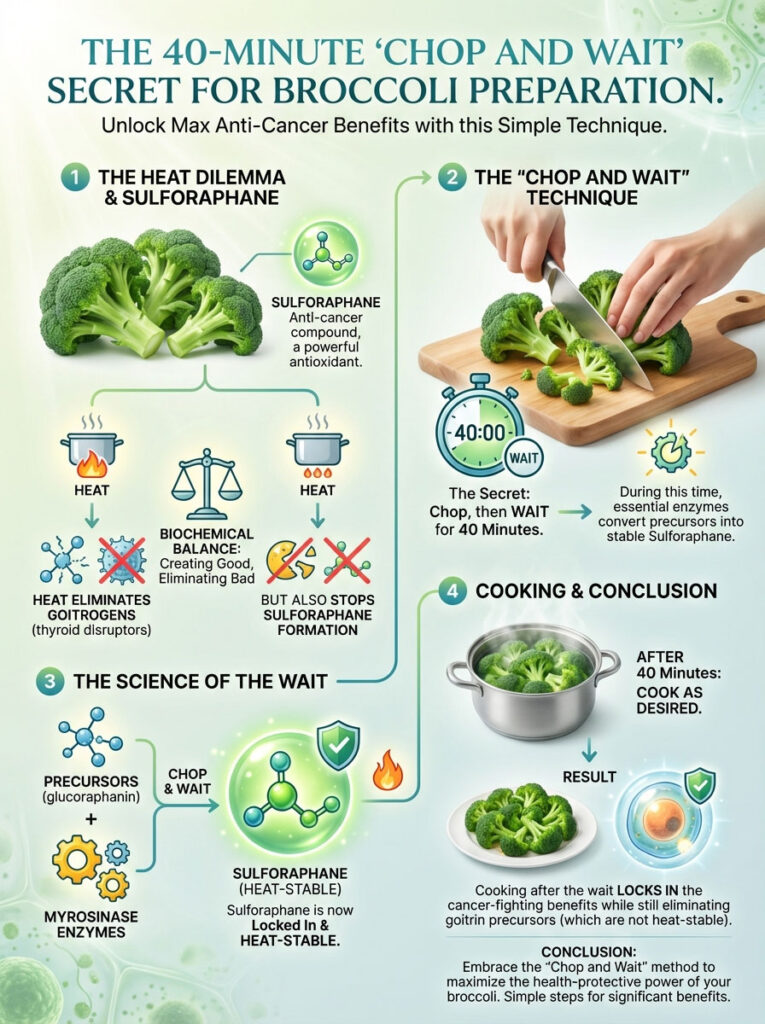 Infographic explaining the 40-minute 'Chop and Wait' method for broccoli preparation and its health benefits.