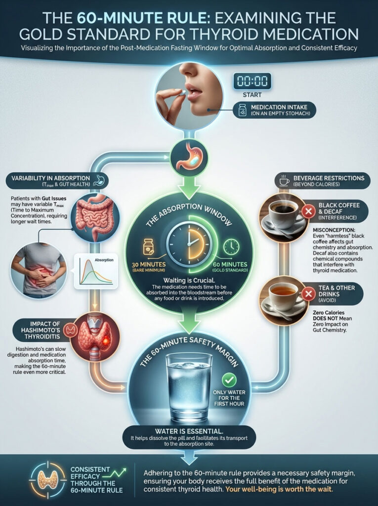 Infographic illustrating the 60-minute rule for thyroid medication absorption with charts and icons about waiting times and beverage restrictions.