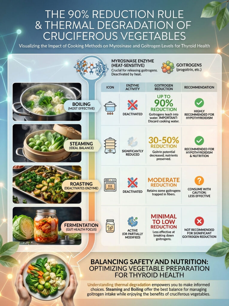 Infographic showing cooking methods' effects on myrosinase and goitrogens in cruciferous vegetables.