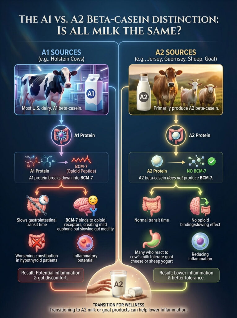 Infographic comparing A1 and A2 beta-casein in milk, showing sources, proteins, effects, and health outcomes.