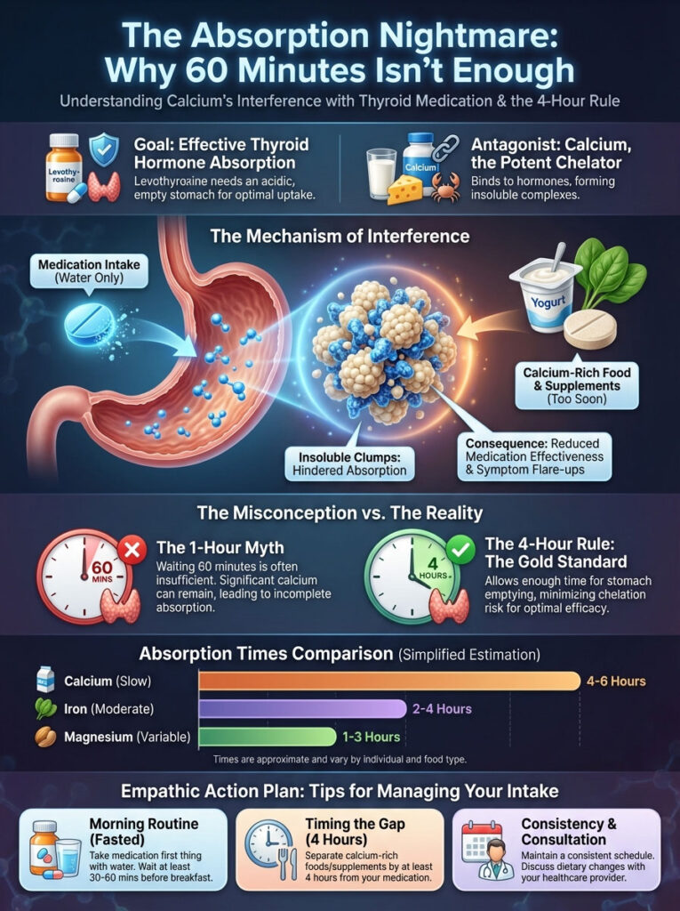 Infographic explaining calcium's interference with thyroid medication, featuring charts and tips for effective intake management.