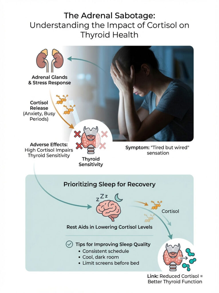 Infographic showing cortisol's impact on thyroid health, including symptoms and sleep tips for recovery.
