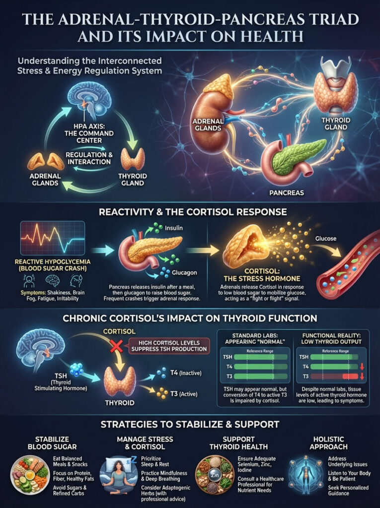 Infographic showing the adrenal-thyroid-pancreas triad, cortisol response, and strategies for health support.