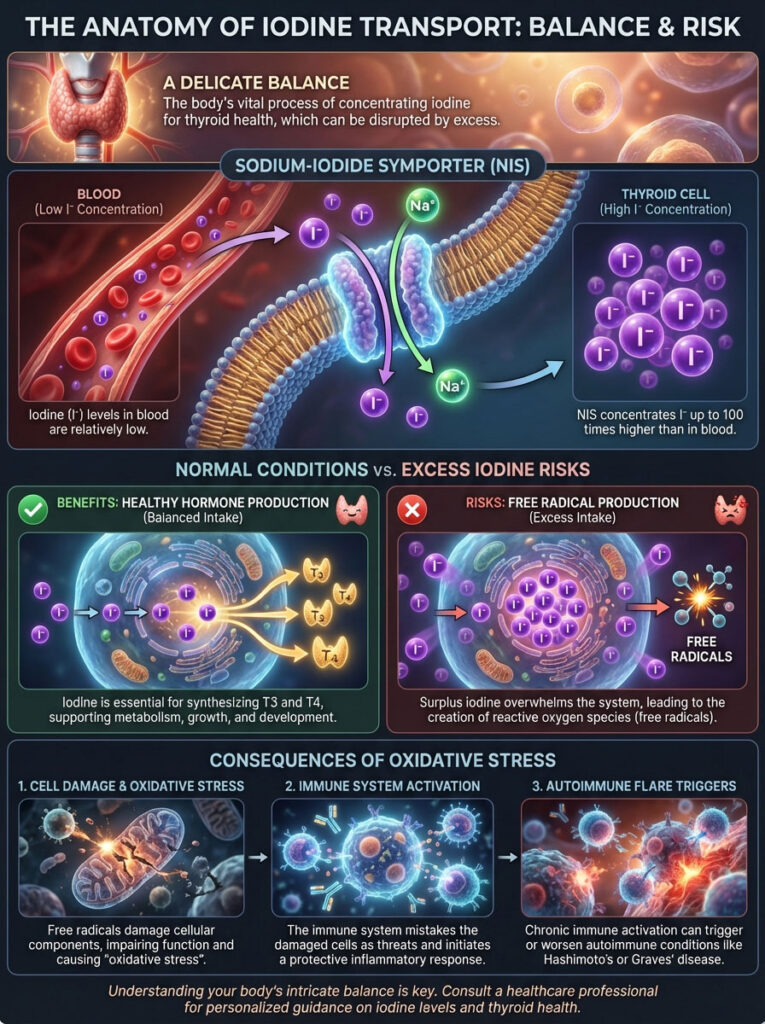 Infographic illustrating iodine transport in the body, showing blood, thyroid cells, benefits, risks, and oxidative stress effects.