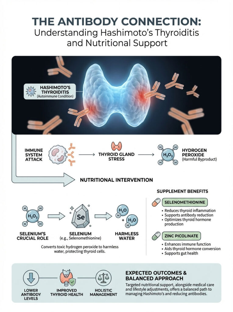 Infographic explaining Hashimoto's Thyroiditis, immune system attack, nutritional interventions, and supplement benefits.