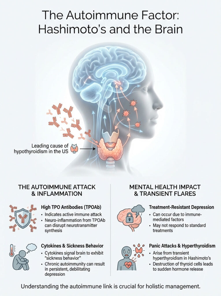 Infographic showing the link between Hashimoto's, the brain, and mental health impacts, with illustrations and data points.